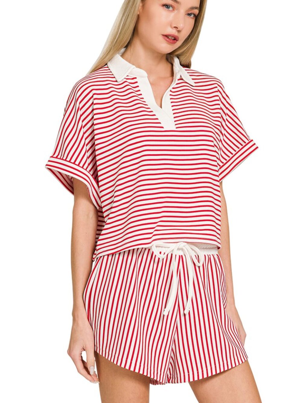 Striped collared top & shorts set